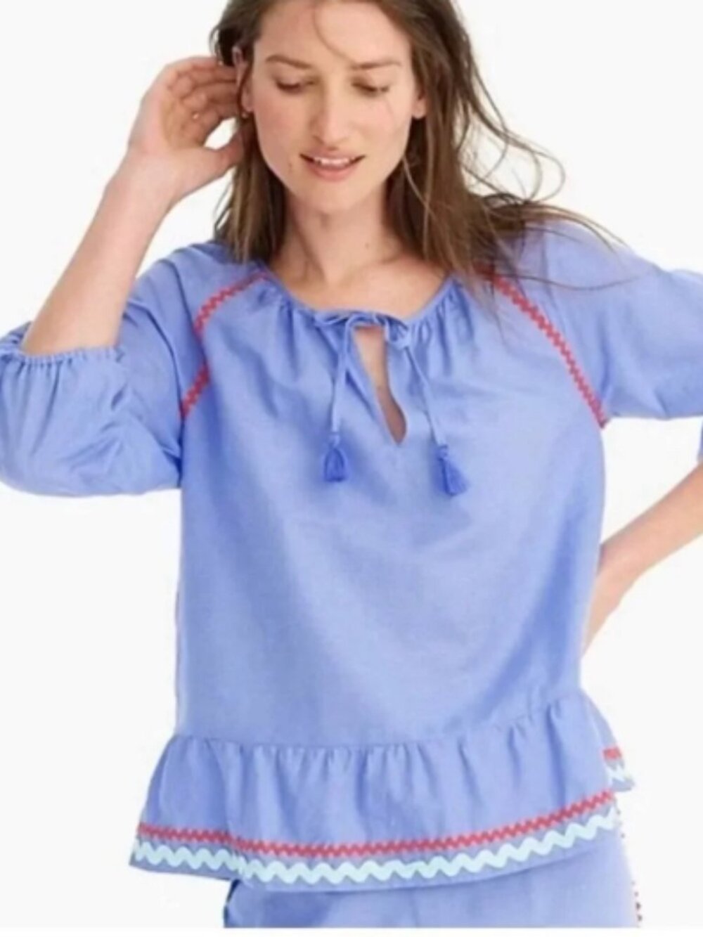 J. Crew blue/red linen cotton blend ric rac ruffled tie neck blouse size small
